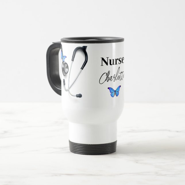 Mug De Voyage Stéthoscope Papillon Bleu Infirmière Médecin  (Devant gauche)