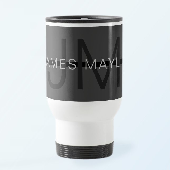 Mug De Voyage Stylé Masculin Gris Foncé Nom & Monogramme  (Créateur téléchargé)