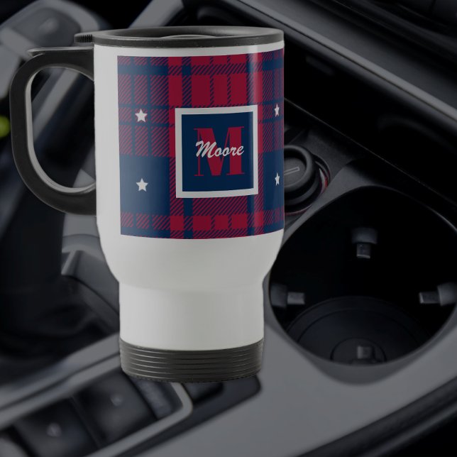 Mug De Voyage Tartan - Patriotique - Bleu Rouge Étoiles Blanches (Créateur téléchargé)