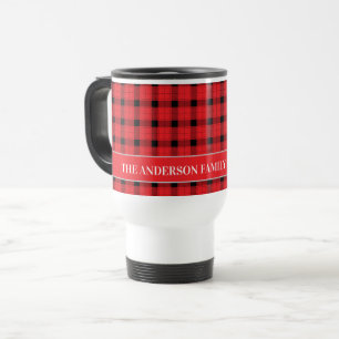 Mug De Voyage Tartan Rouge Noir Plaid Personnalisé Famille Monog