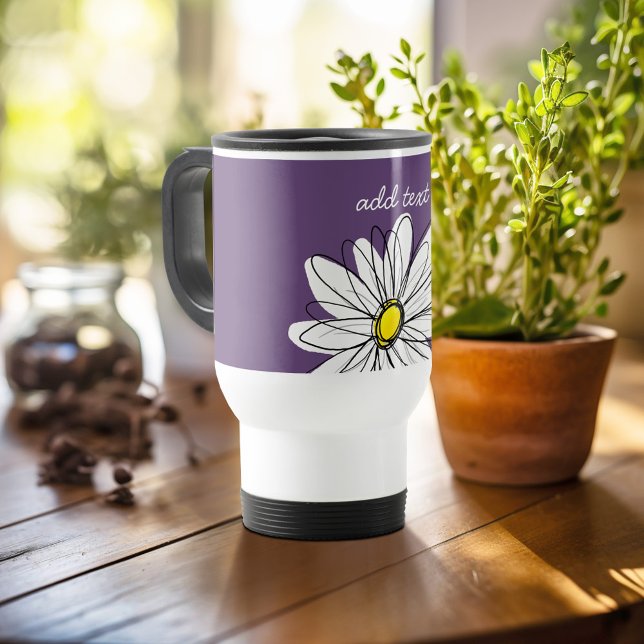 Mug De Voyage Texte personnalisé marguerite mauve et jaune (Personalized travel mug - add photos and text or customize completely)