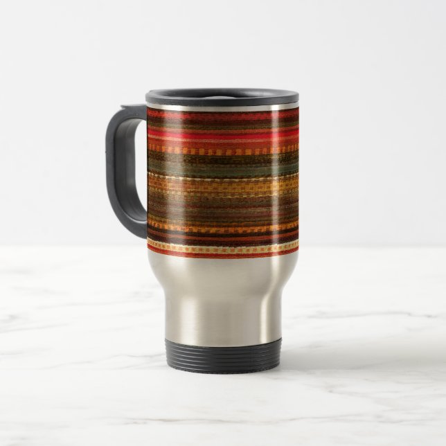 Mug De Voyage Textile Matériau Rayures Rouge Orange et Vert (Devant gauche)