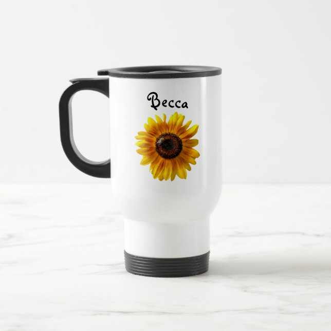 Mug De Voyage Tournesol jaune joyeux avec abeille personnalisée (Gauche)