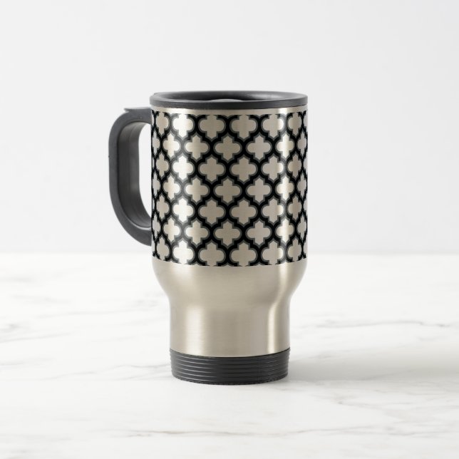 Mug De Voyage Trellis blanc et noir, treillis, Quatrefoil (Devant gauche)