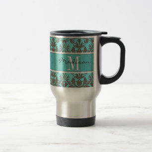 Mug De Voyage Turquoise Turquoise bleu & Brown Damas, Personnali