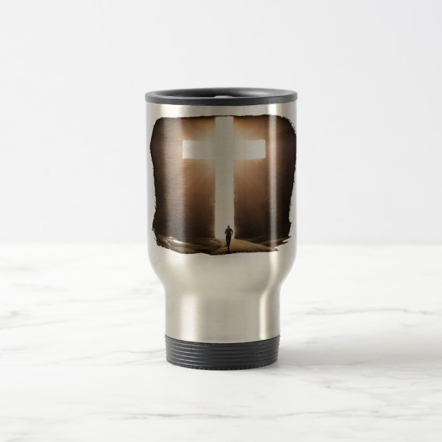 Mug De Voyage Un homme courant vers la Croix chrétienne de Jésus (Centre)
