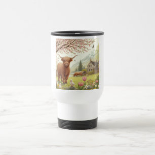Mug De Voyage Vache des hautes terres mignonne, florale/printani