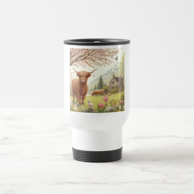 Mug De Voyage Vache des hautes terres mignonne, florale/printani (Centre)