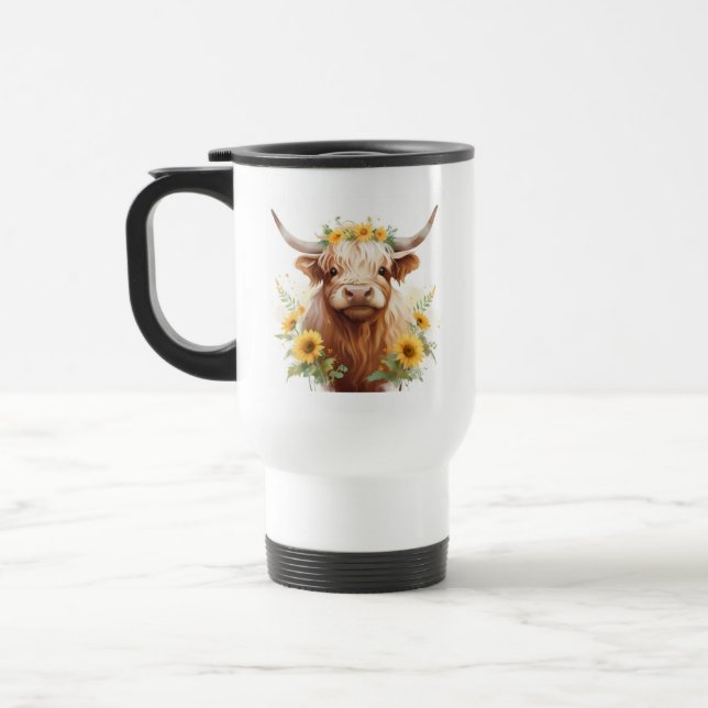 Mug De Voyage Vache Highland avec Couronne de fleurs de tourneso (Gauche)