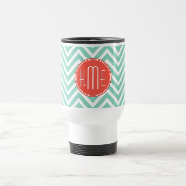 Mug De Voyage Vert chic Chevron d'Aqua et monogramme fait sur (Centre)