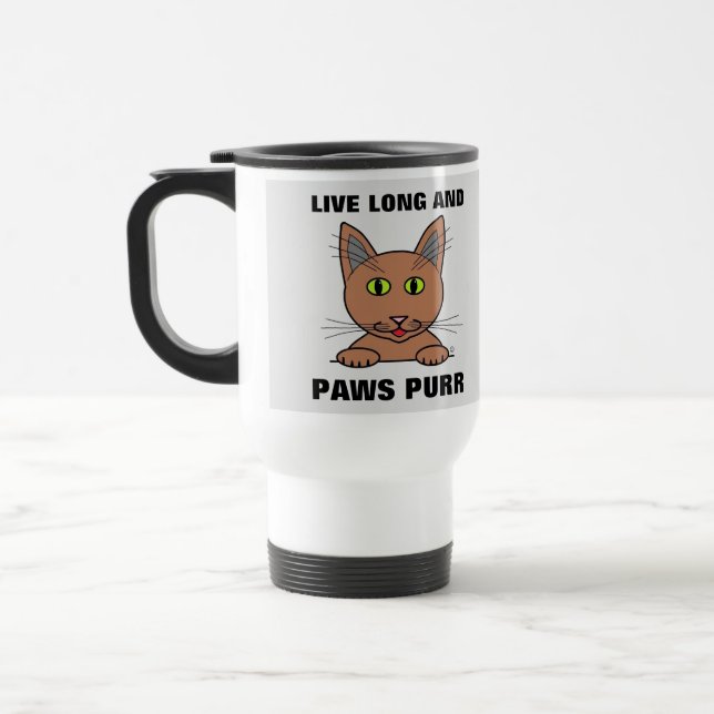 Mug De Voyage Vivez Longtemps et les Pattes Ronnent Chat Drôle (Gauche)