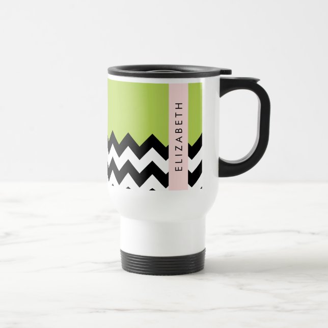 Mug De Voyage Zigzag noir et blanc, Chevron, Vert, Votre nom (Droite)