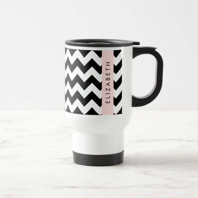 Mug De Voyage Zigzag noir et blanc, Motif Chevron, Votre nom (Droite)