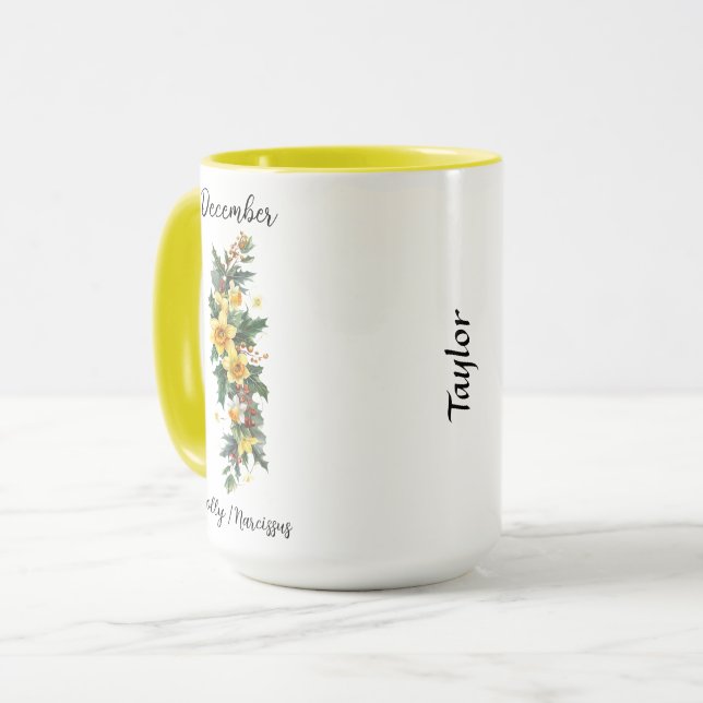Mug Décembre Fleur de naissance Holly et Narcissus (Devant gauche)