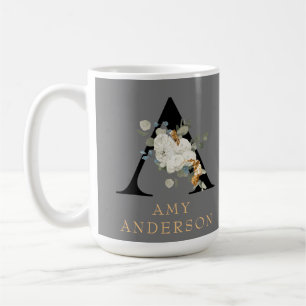 Mug Décor Blanc Floral Or Accents Monogramme A