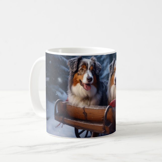 Mug Décor de Noël du berger australien Snowy Sleigh (Devant gauche)