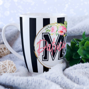 Mug décoratif floral rayé noir et blanc