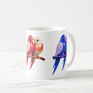Mug décoré de trois couples d'oiseaux colorés.
