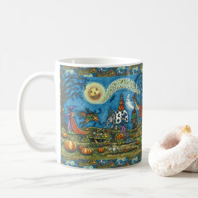Mug DÉFILÉ D'HALLOWEEN Sorcière Girafe Ours Zèbre Sque (Avec donut)