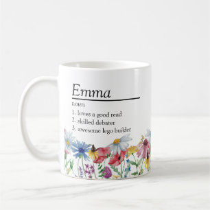 Mug Définition de nom avec bordure de fleurs sauvages