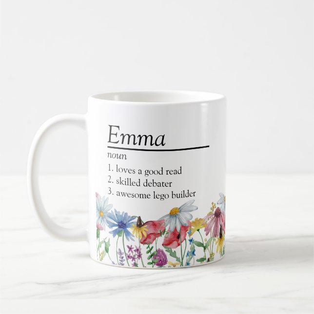 Mug Définition de nom avec bordure de fleurs sauvages  (Gauche)