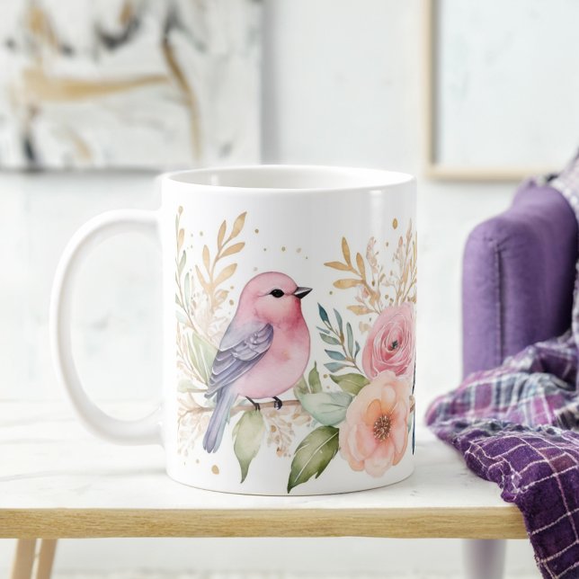 Mug Délicat Pastel Birds et Parties scintillant Floral (Créateur téléchargé)