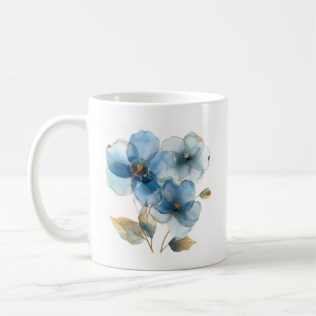 Mug Délicate aquarelle bleu ciel et or fleurs (Gauche)