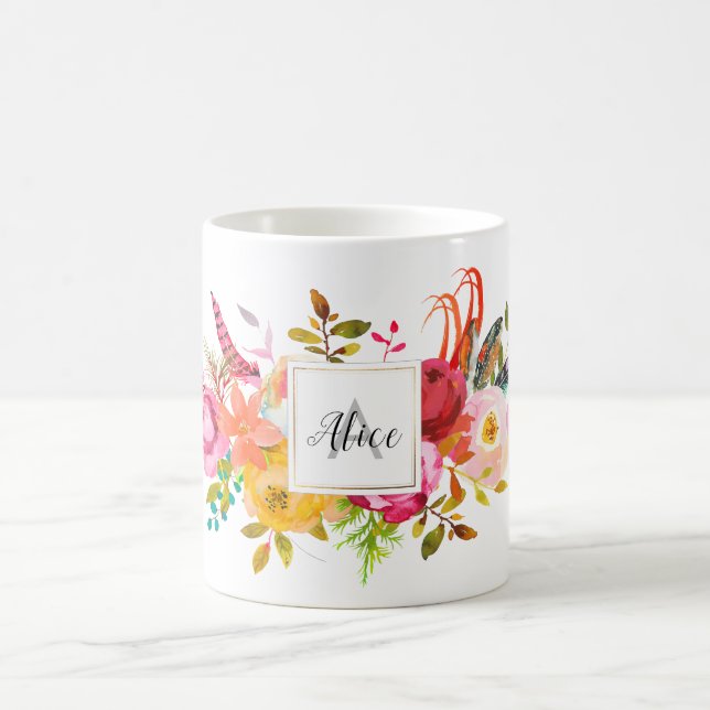Mug Demoiselle d'honneur Monogramme Aquarelle Boho Fle (Centre)