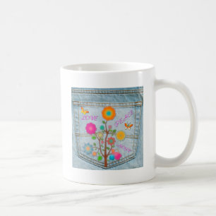 Mug Denim Back Fleurs de poche Paix Aimer Espoir