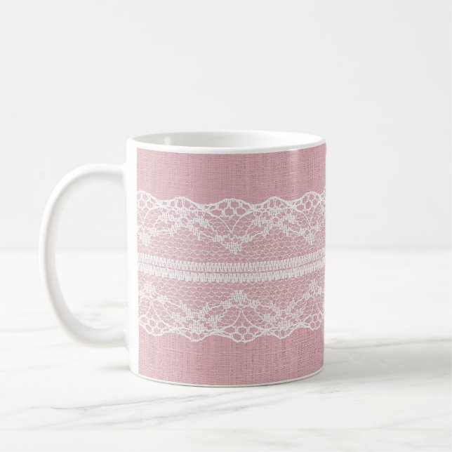 Mug Dentelle blanche sur Pastel Lin rose Texture (Gauche)