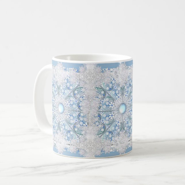 Mug Dentelle en céramique Bleu clair et flocon de neig (Devant gauche)