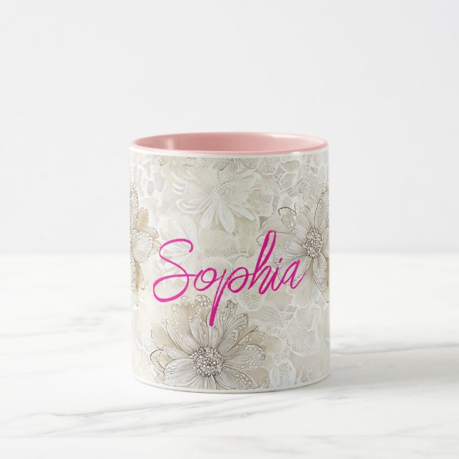Mug Dentelle fausse florale blanche crème romantique (Centre)