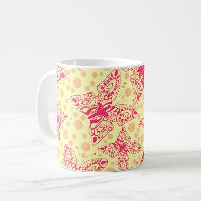 Mug dentelle papillons carmin sur fond pois jaunes  (Devant gauche)