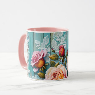 Mug Dentelle rose et Bleu Peint Bois désossé