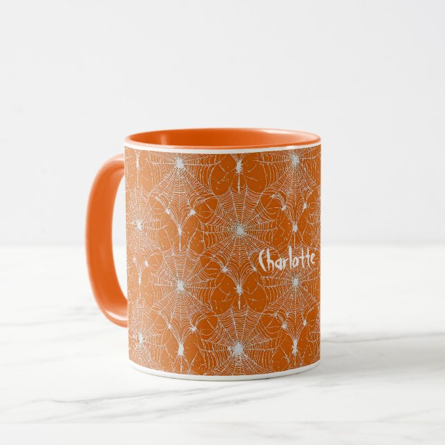 Mug Dentelle Spiderweb en argent sur Orange (Devant gauche)