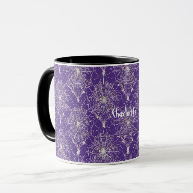 Mug Dentelle Spiderweb en argent sur violet (Devant gauche)