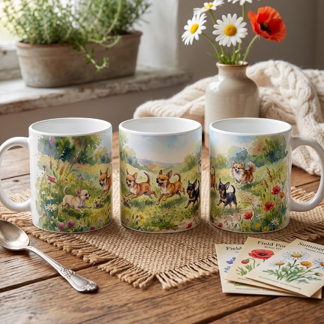 Mug Des Chihuahuas joueurs dans une prairie fleurie (Créateur téléchargé)
