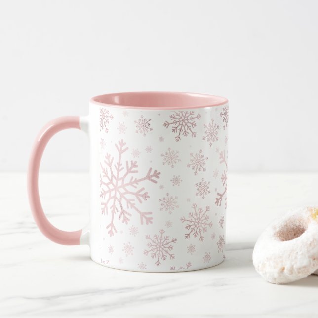 Mug Des flocons de neige roses à Noël blanc d'hiver (Avec donut)