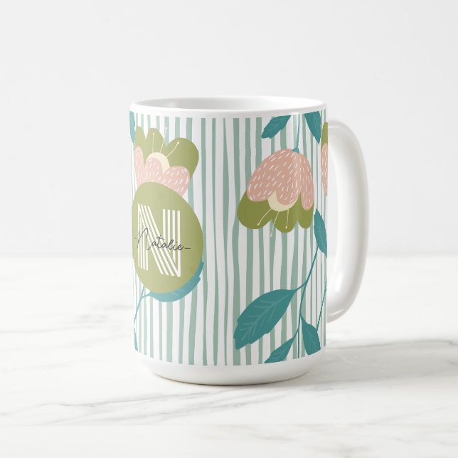 Mug Design monogramme élégant avec bleu motif mignon (Devant droit)