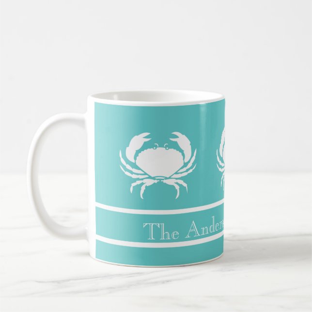 Mug Design nautique avec crabe blanc sur bleu Turquois (Gauche)