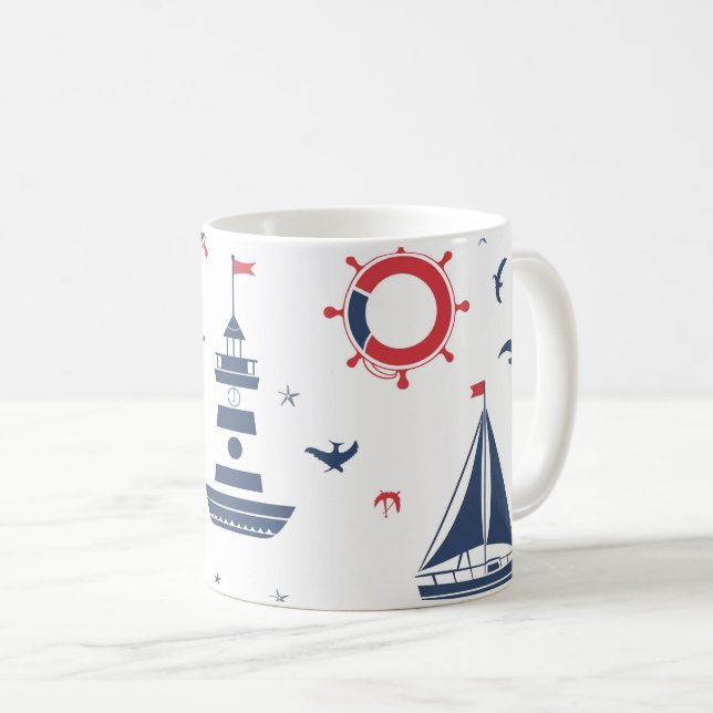 Mug Design nautique bleu, blanc et rouge (Devant droit)