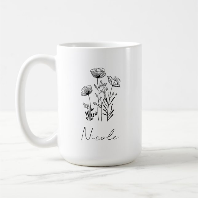 Mug Dessin à main noir fleur sauvage nom personnalisé (Gauche)