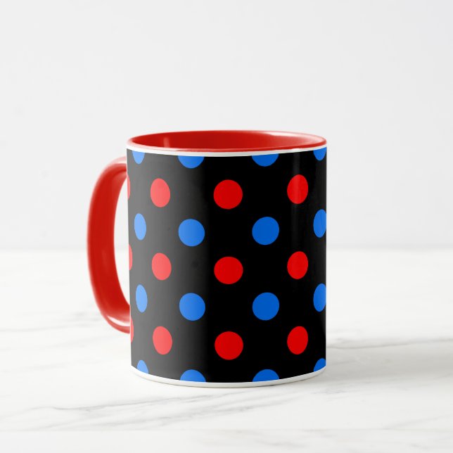 Mug Dessin à pois rouges bleus sur fond noir  (Devant gauche)