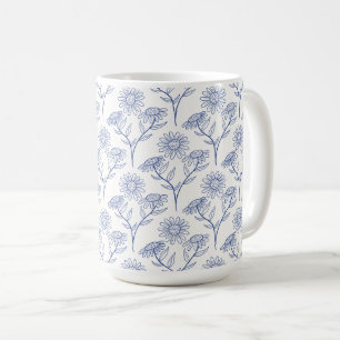 Mug Dessin au trait de tournesols bleus à l'encre 