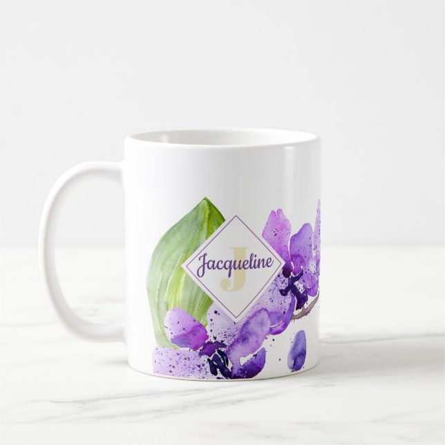 Mug dessin d'orchidée à l'aquarelle couleur avec monog (Gauche)