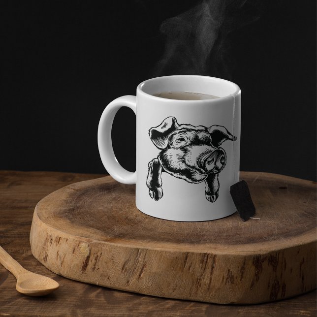 Mug Dessin d'un tête de cochon d'élevage en noir et bl (Créateur téléchargé)