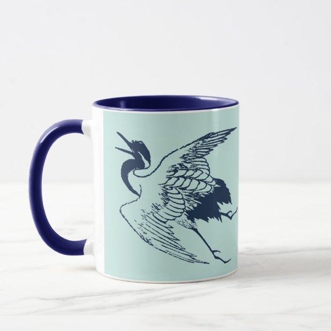 Mug Dessin japonais vintage d'une grue, bleu (Gauche)