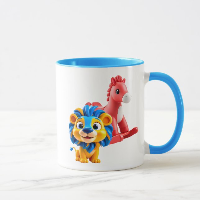 Mug Dessin mignon d'u lion rigolo et cheval à bascule. (Droite)