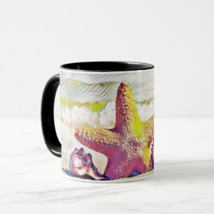 Mug Dessin vintage Coquillages d'étoiles rose jaune