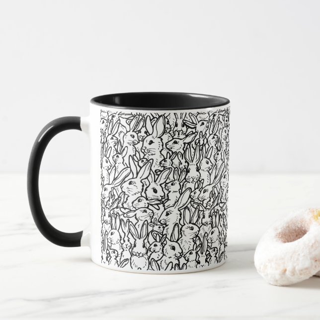 Mug Dessins de lapin noir et blanc Motif lapin moderne (Avec donut)